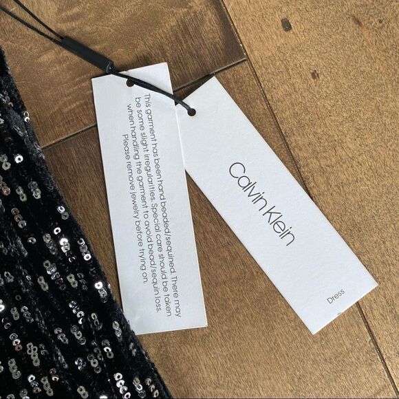 Calvin Klein Sleeveless Sequin Sheath Dress Scooped Back Black Silver 2 Mini Y2K - Picture 4 of 10